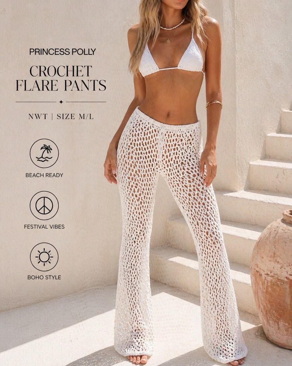 NWT Princess Polly Crochet Knit Pants White Size M/L Boho Flare Festival Beach